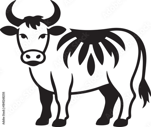Black and white stylized illustration of a cow with decorative markings on its back cattle