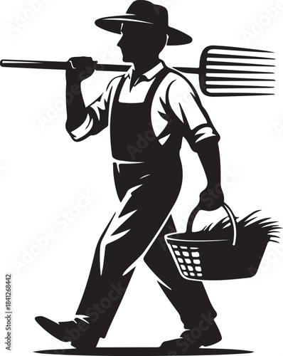 Silhouette of a farmer in overalls and hat carrying a pitchfork and basket of produce