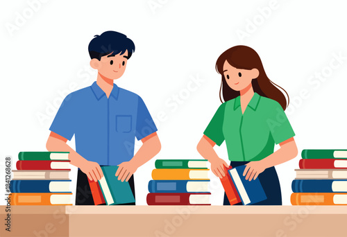 Two individuals, a man and a woman, are sorting books on a desk, with stacks of books nearby