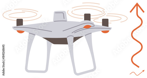 Flying quadcopter with visible rotors and vertical arrow signaling ascent. Ideal for technology, innovation, exploration, robotics, surveillance, delivery, and transportation visuals. Modern flat