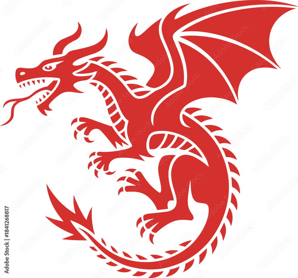 Fototapeta premium Red Fierce Tribal Dragon Mascot Stencil or Tattoo Graphic Set