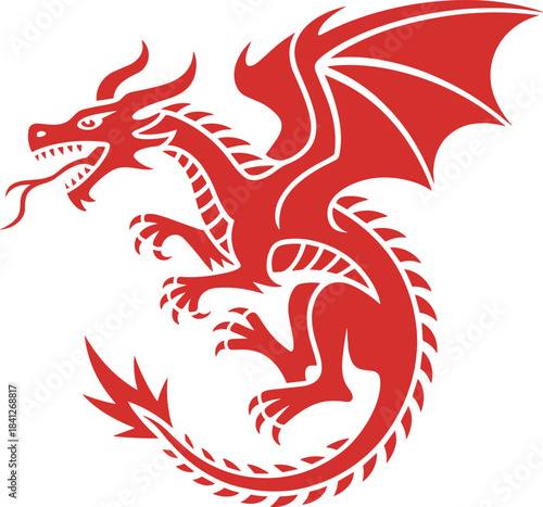 Red Fierce Tribal Dragon Mascot Stencil or Tattoo Graphic Set