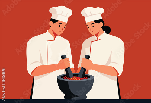 Two chefs in white uniforms prepare ingredients in a stone mortar