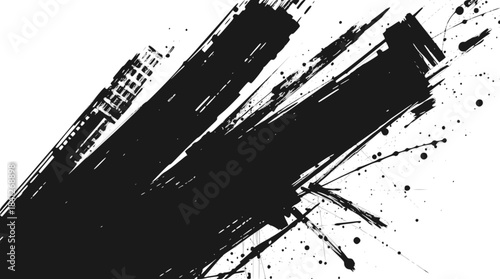 Abstract black ink brush strokes and splatters on a white background, creating a dynamic and artistic composition.