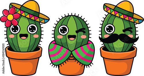 Set of Cute Mexican Cactus Characters Wearing Sombrero and Poncho