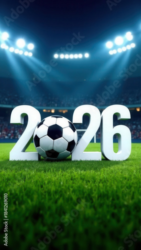 numbers 2026 with a football ball instead of 0, football field in the background	