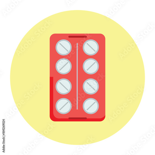 Modern vibrant red blister pack featuring eight light gray pills essential medicine healthcare treatment dosage recovery