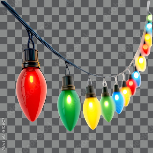 String of colorful christmas lights on a wire isolated