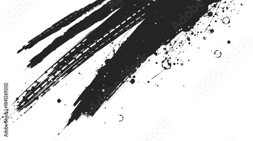 Abstract black ink brush strokes and splatters on a white background, conveying a sense of dynamic movement and artistic expression.