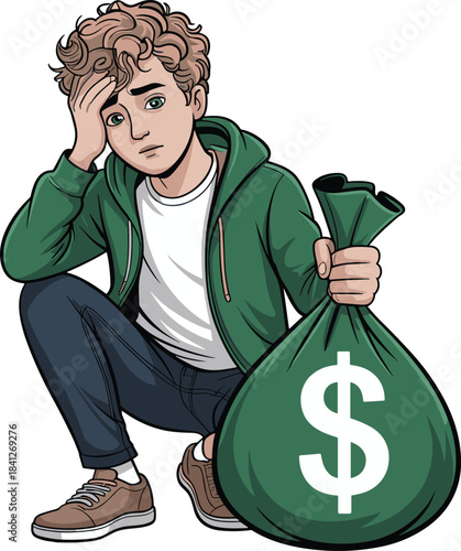 Worried Cartoon Boy Crouching with Financial Stress and Debt