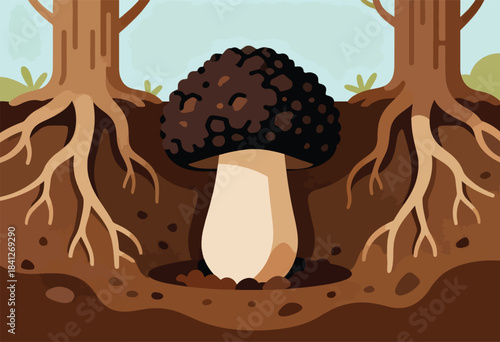 A morel mushroom emerges from dark soil surrounded by tree roots and green foliage