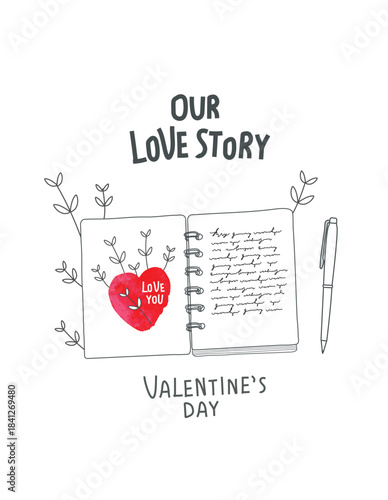 Vector cartoon sketch of diary with a red heart and handwritten text love story of a couple. True Love Story Never Ends. Romantic love quote. 