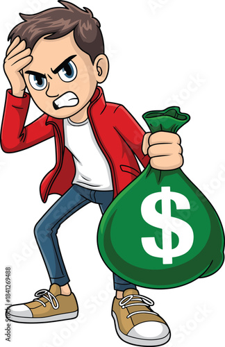 Cartoon illustration of a young man looking angry and frustrated, holding a large, heavy sack of money, symbolizing financial burdens, debt, and economic pressure or failure.