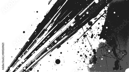 Abstract black brush strokes and halftone dots create a dynamic and textured graphic design.