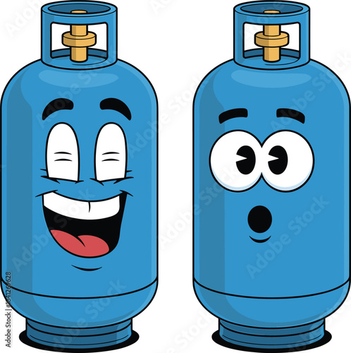 Cartoon illustration showing two blue propane or gas tanks with contrasting emotions: one laughing cheerfully, and the other wide-eyed, surprised, or clearly terrified and worried about pressure.