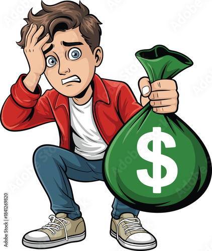 Cartoon illustration of a young man looking very distressed, clutching his head and squatting while holding a heavy sack of money, symbolizing financial worry and debt problems.