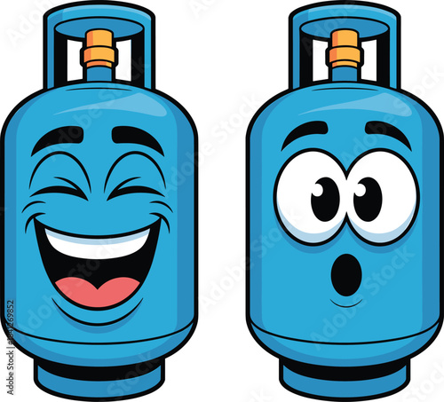 Cartoon illustration showing two blue propane or gas tanks with contrasting emotions: one laughing cheerfully, and the other wide-eyed, surprised, or clearly terrified and worried about pressure.