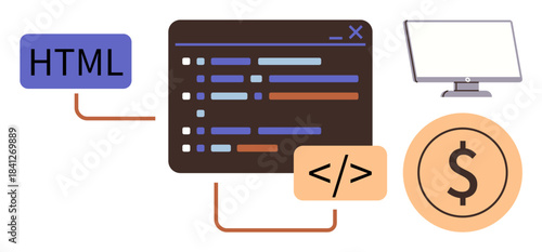 Coding interface window with HTML tag, command, monitor, and dollar sign. Ideal for web development, programming, profit, tech business, coding education software design simple flat metaphor