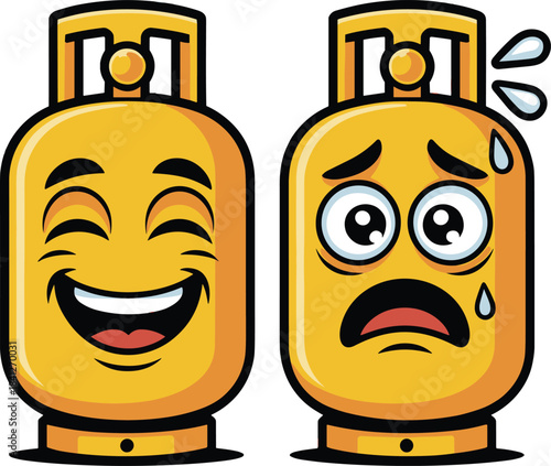 Cartoon illustration showing two yellow propane or gas tanks with opposite emotions: one laughing heartily, and the other terrified, stressed, crying, and clearly full of anxiety or worry.