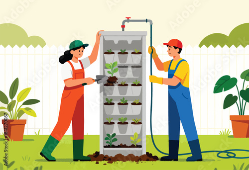 Two people tending to a vertical garden with soil, plants, and a water hose