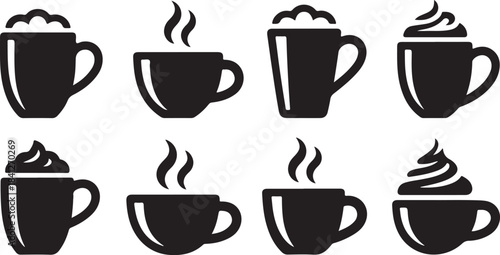 Eight black silhouette coffee and hot drink mugs with steam and whipped cream on a white background coffee cup