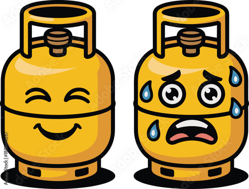 Cartoon illustration showing two yellow propane or gas tanks with opposite emotions: one happy and relaxed, and the other sweating, crying, and clearly terrified or stressed.