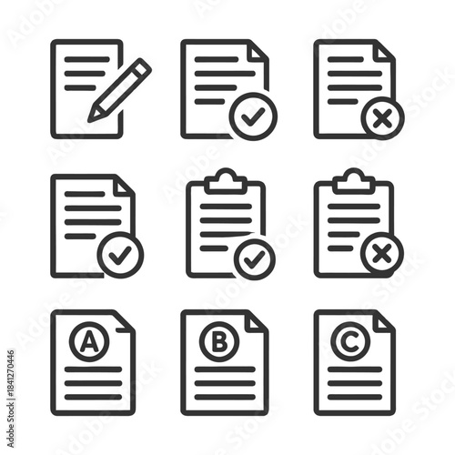 Document checklist icons: approval and rejection symbols in line style.