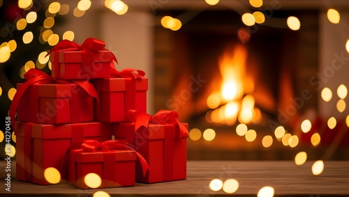 Vibrantly wrapped red gift boxes with ribbons stacked on wood. A warm fireplace and shimmering bokeh lights create a cozy festive holiday scene perfect for celebrations and cherished moments