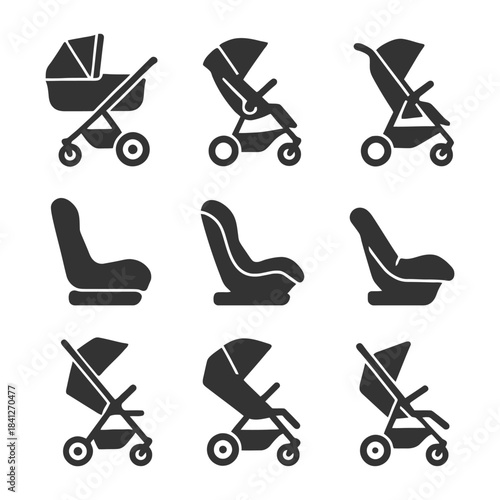 Set of nine baby stroller and car seat icons in black silhouette.