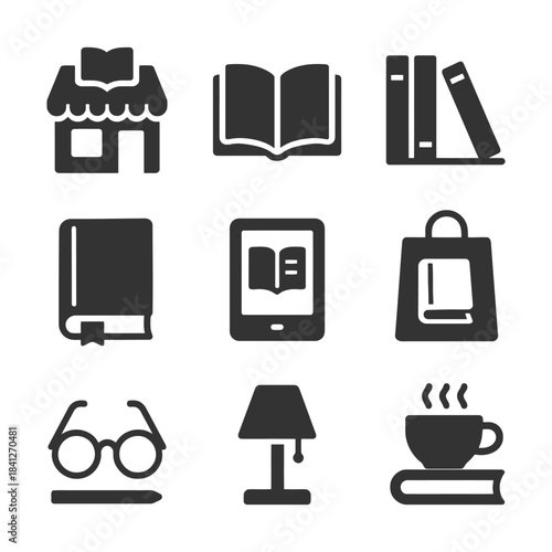 Black and white icons: bookstore, books, ereader, shopping bag, glasses, lamp, coffee cup.