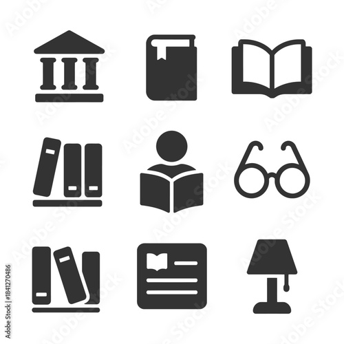Library icon set featuring books, institution, reader, and study essentials.