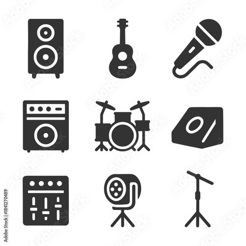 Musical instrument and equipment icons: guitar, microphone, drums, speakers, and more.