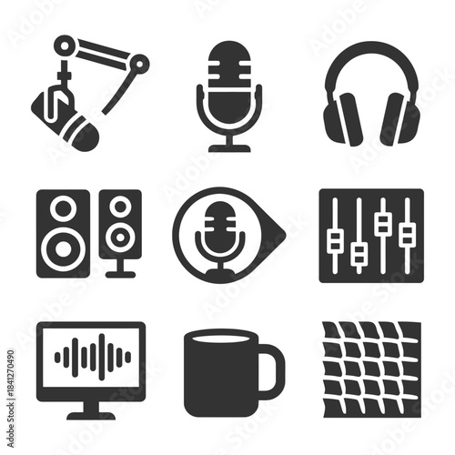 Audio equipment icons: microphones, headphones, speaker, mixer, soundwave, acoustic panel, mug.