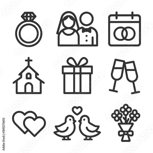Wedding icons collection: rings, couple, calendar, church, gift, toast, hearts, lovebirds, flowers.