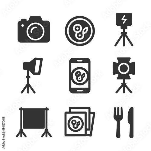 Icons of camera, tripod lighting, smartphone, backdrop, silverware in flat design.