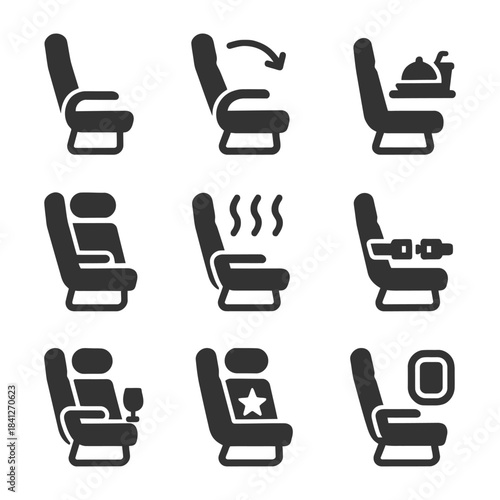 Airplane seat features: reclining, tray table, meal, comfort, entertainment.