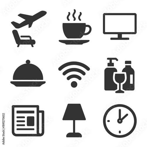 Travel and hospitality icon set featuring airplane, coffee, monitor, and more.