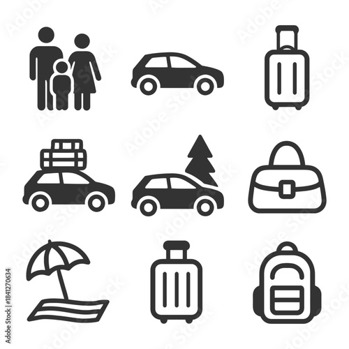 Family travel icons set: cars, luggage, beach, and more.