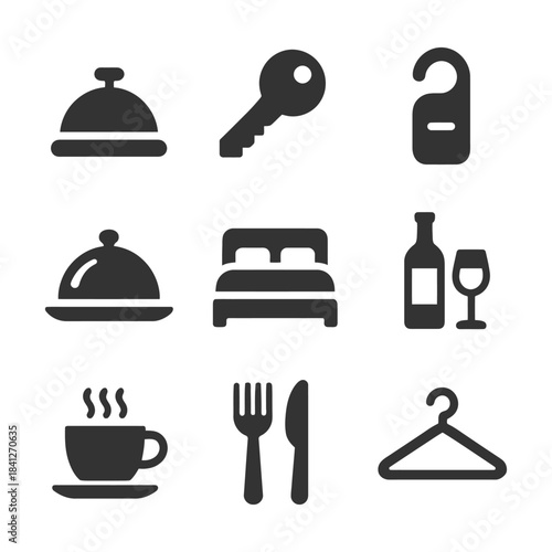 Essential hotel service icons: key, bell, bed, hanger, drink, cup, utensils.