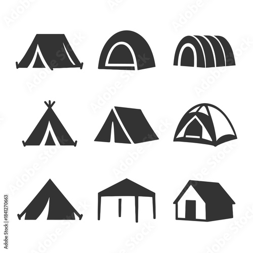 Collection of nine black silhouette camping tent icons in various styles.