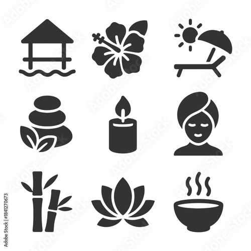 Spa and relaxation icons: lotus, candle, bamboo, beach, and more.