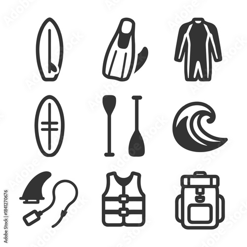 Surf and watersport equipment icons: surfboard, snorkel, wetsuit, paddles, wave, fins, life vest, backpack.