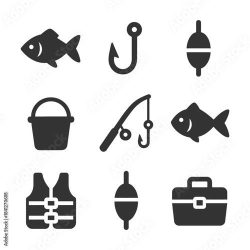 Fishing equipment icons set: hook, rod, fish, tackle box, life vest.