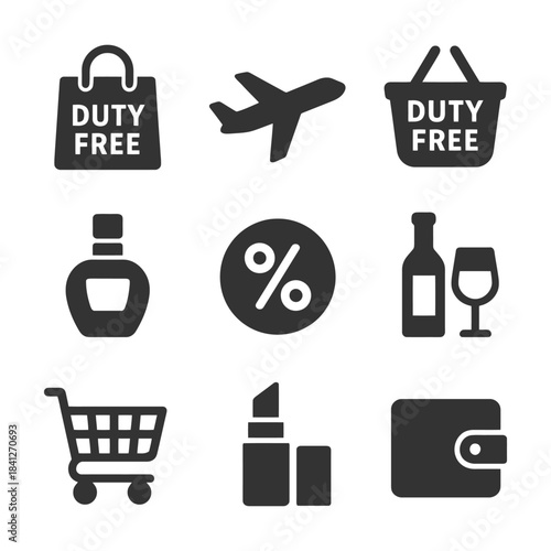 Duty-free shopping icons: airplane, basket, perfume, wine, shopping cart, lipstick, wallet.
