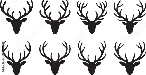 Eight Black Silhouette Deer Heads with Antlers Facing Forward on a White Background Keywords: deer, stag, head, antlers, silhouette, black, white background, animal, wildlife, nature, mammal