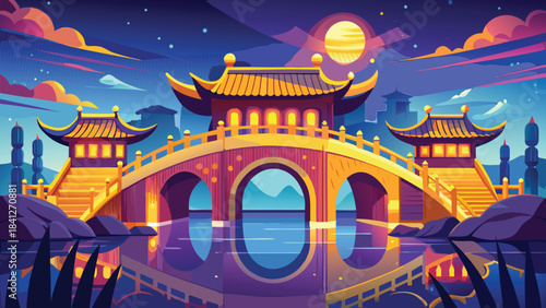 Anshun Bridge Night Lights Reflection Vector