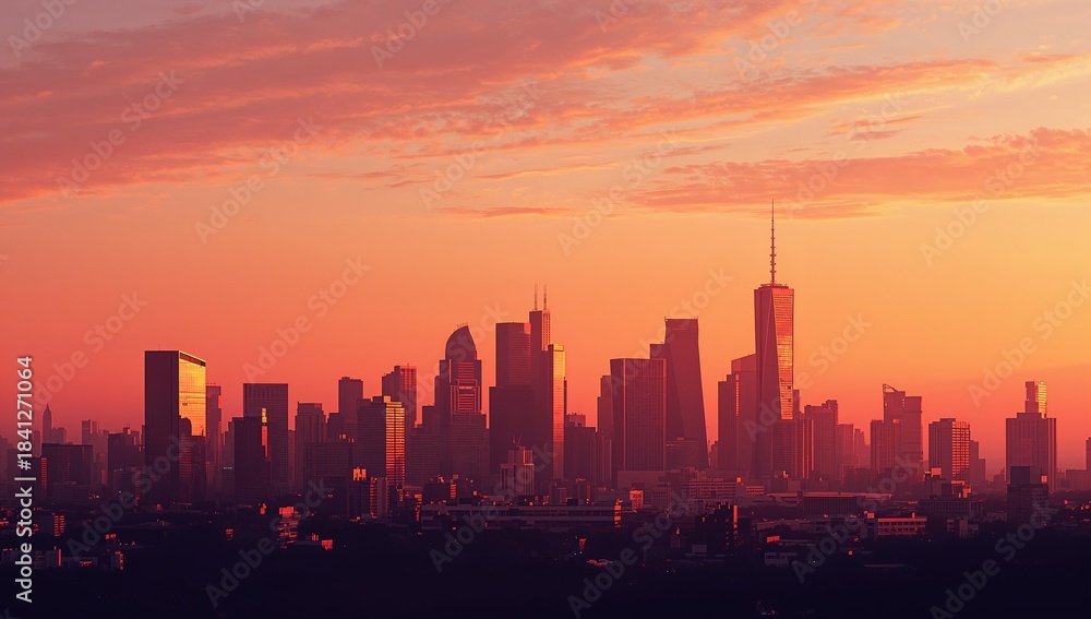 Fototapeta premium Glowing city skyline stretching across downtown at sunset, with spire-topped tower reflecting light
