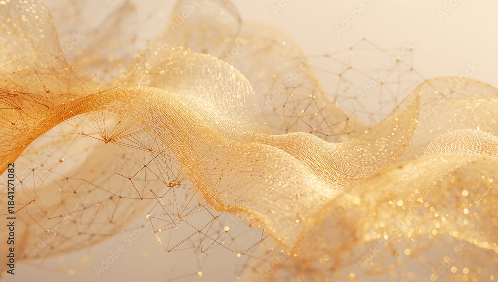 Obraz premium Shimmering golden mesh ribbon undulating across warm beige gradient, with filament lines, sparkles