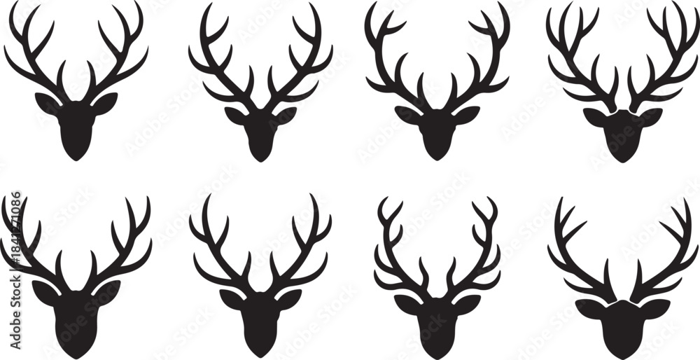 Obraz premium Eight Black Silhouette Deer Heads with Antlers Facing Forward on a White Background Keywords: deer, stag, head, antlers, silhouette, black, white background, animal, wildlife, nature, mammal