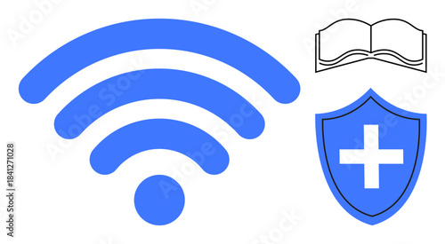 Wireless technology, digital security, e-learning, internet access, education, data protection. Blue wireless signal, outlined book shield with positive cross. Wireless technology and digital